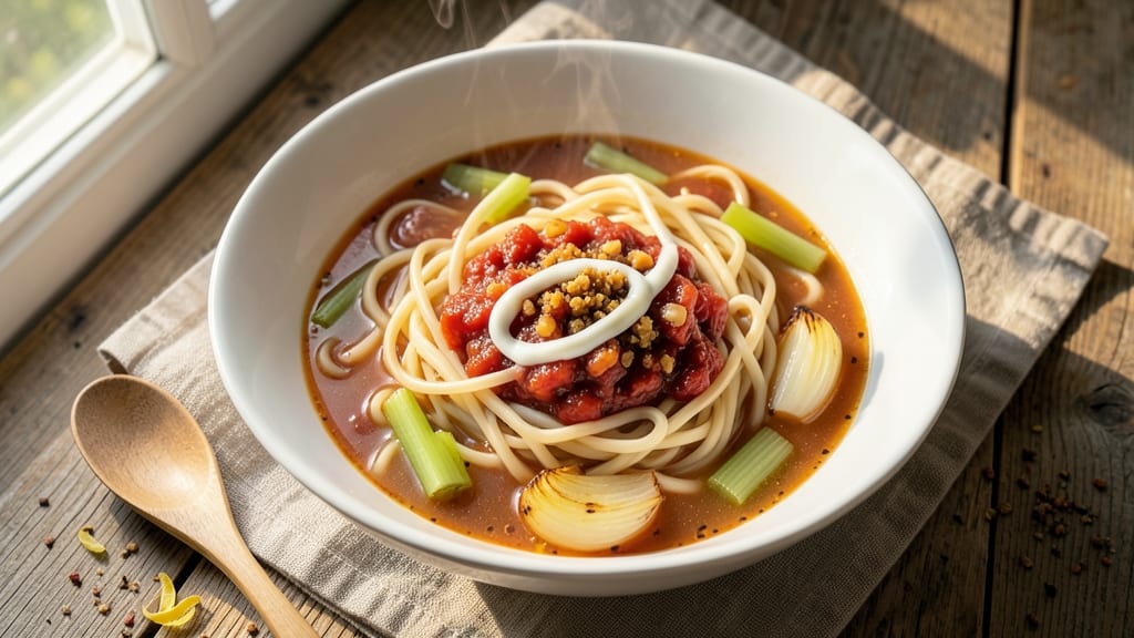 Tomato Egg Noodle Soup Recipe: Crispy Celery Crowns Over Eggy Comfort