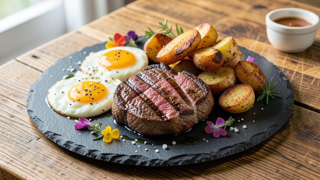 Steak Eggs and Potatoes Recipe: Hearty Breakfast Plate With Crispy Spuds