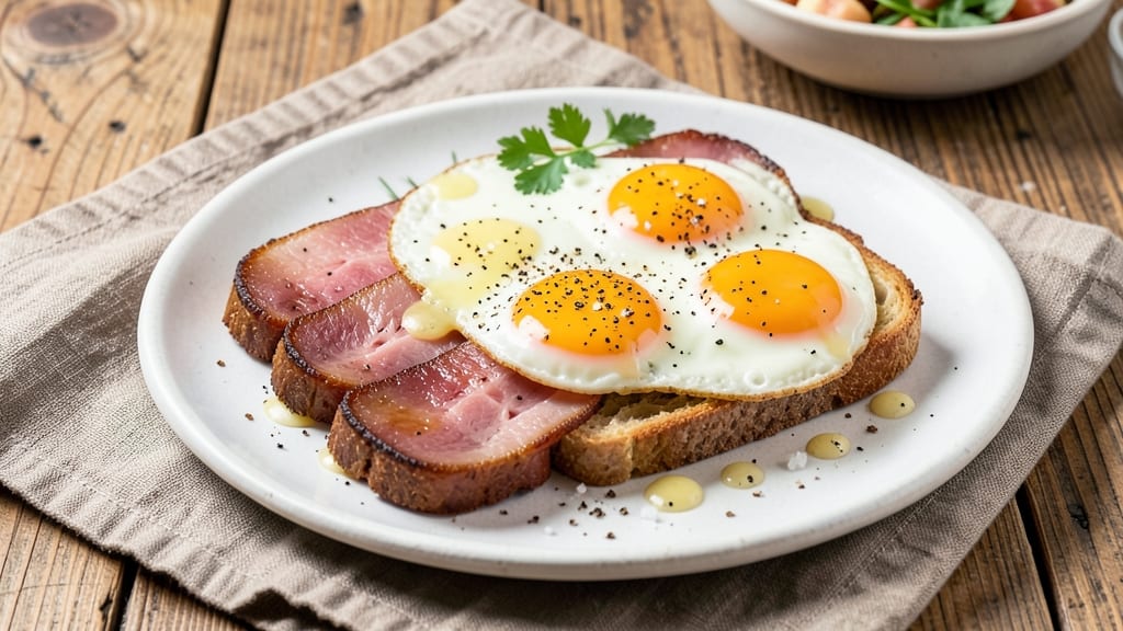 Sliced Ham and Eggs Recipe: Crispy Top, Runny Yolk Magic