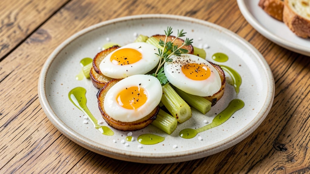 62 Degree Eggs Recipe: Crispy Celery Crowns Over Silky Yolk Magic