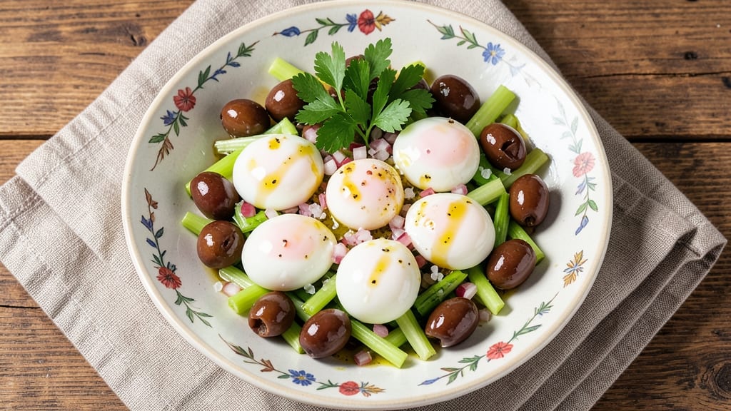 Traditional Egg and Olive Salad Recipe: Crispy Celery Bites Over Zesty Herb Base