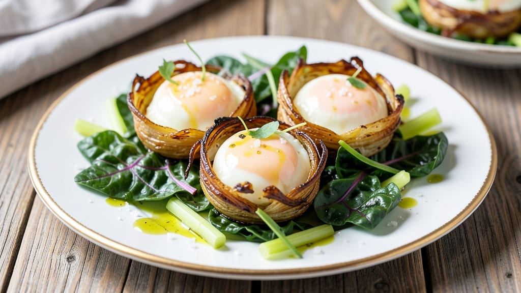 Swiss Chard and Eggs Recipe: Crispy Celery Crowns Over Poached Yolk Magic