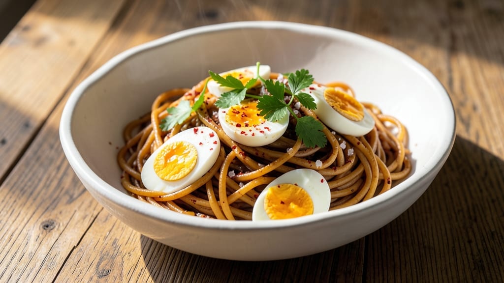 Spaghetti and Boiled Egg Recipe: Crispy Edges, Silky Yolk Magic