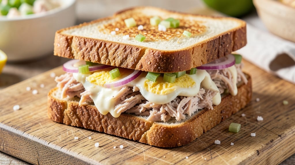 Simple Tuna Sandwich Recipe With Mayo And Egg: Crunchy Celery and Creamy Yolk Balance