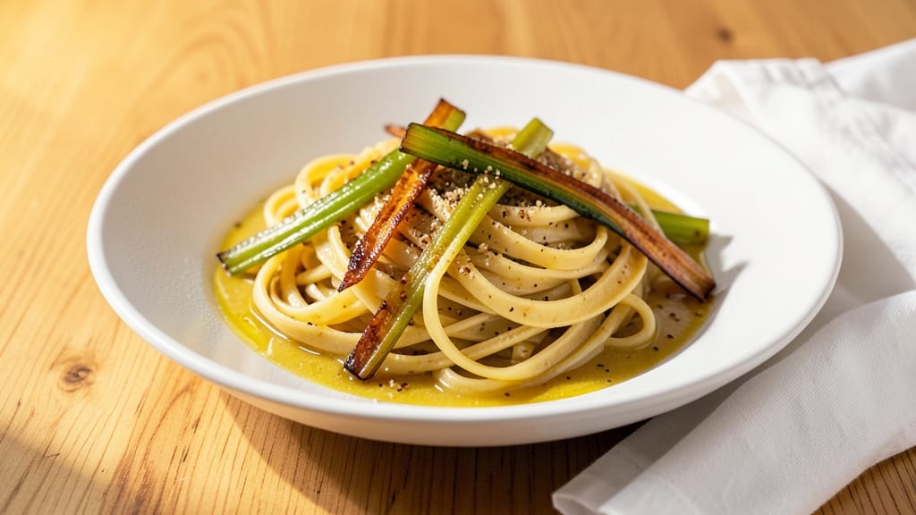 6 Egg Yolk Pasta Recipe: Crispy Celery Crowns Over Ultra-Silky Base