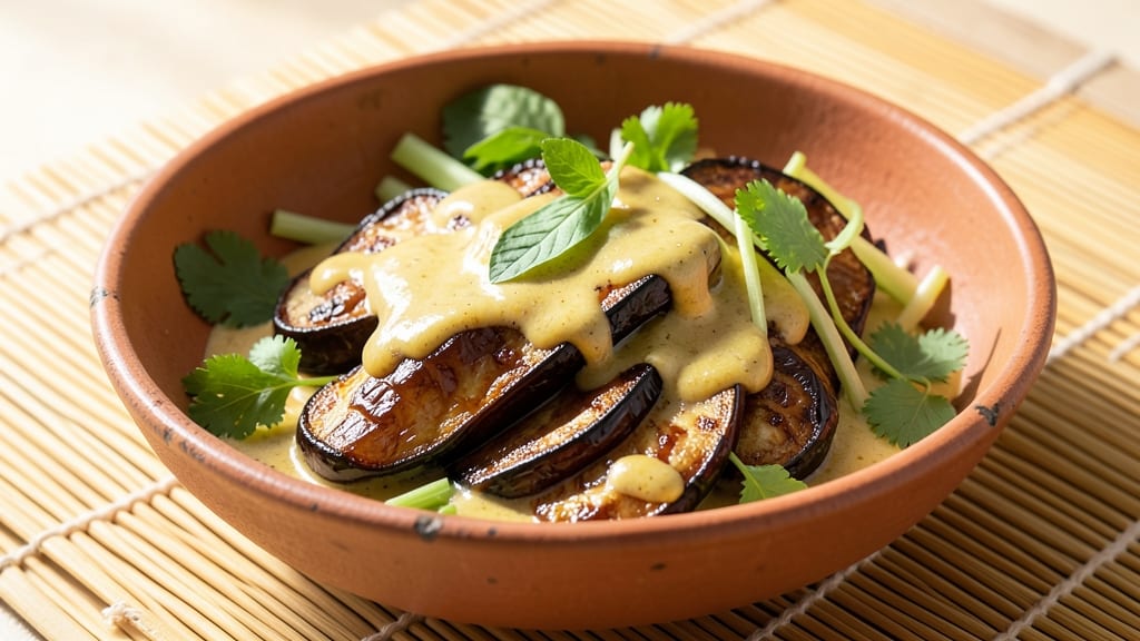 Thai Vegan Eggplant Recipe: Crispy Celery Crowns Over Spiced Coconut Cream