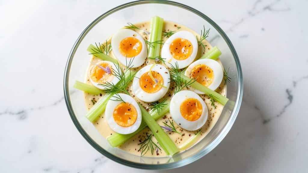 Soft-Boiled Egg Salad Recipe: Crispy Celery Crowns on Creamy Yolk Base