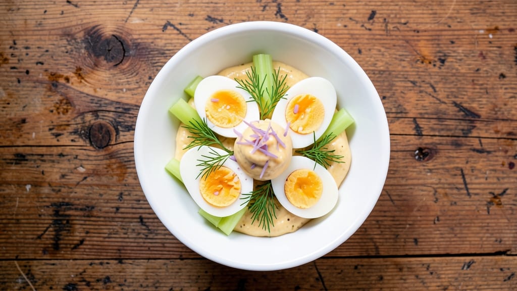 Small Egg Salad Recipe: Crispy Celery Bites Over Zesty Herb Base