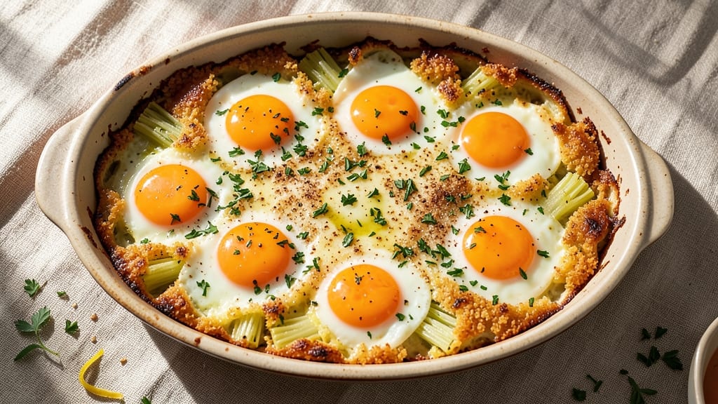 Vegetarian Egg Casserole Recipe Overnight: Crispy Celery Crowns Over Fluffy Egg Clouds