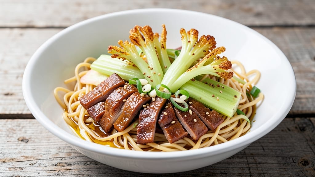 Cantonese Egg Noodles Recipe: Wok-Seared Crispy Celery Crowns Over Silky Broth