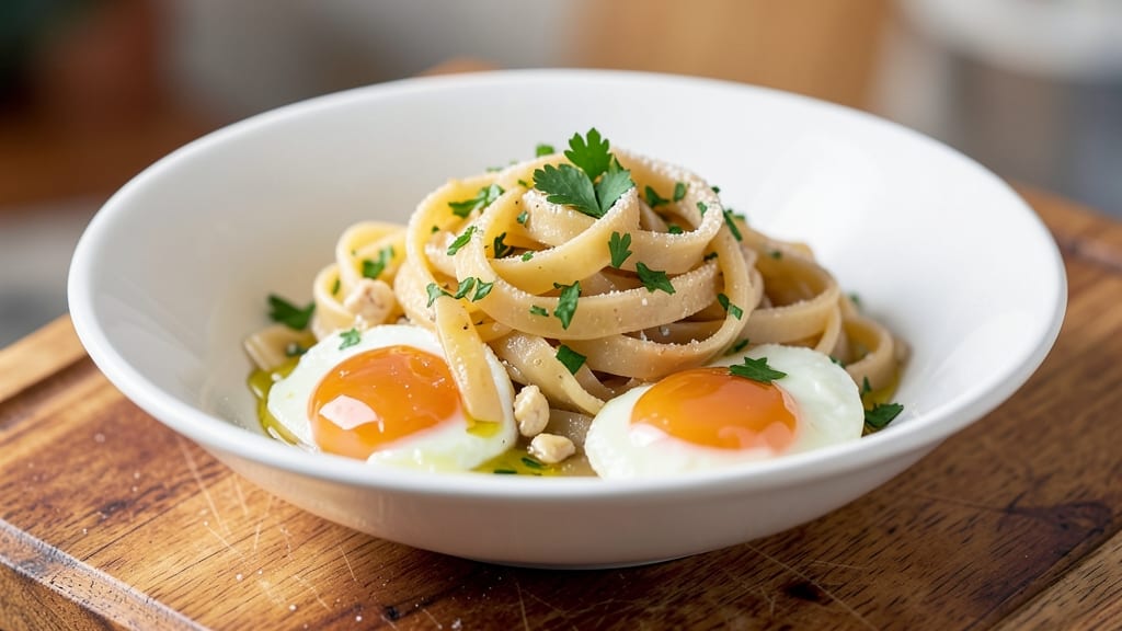 Trader Joe's Egg Fettuccine Pasta Recipe: Poached Eggs in Creamy Garlic-Herb Sauce
